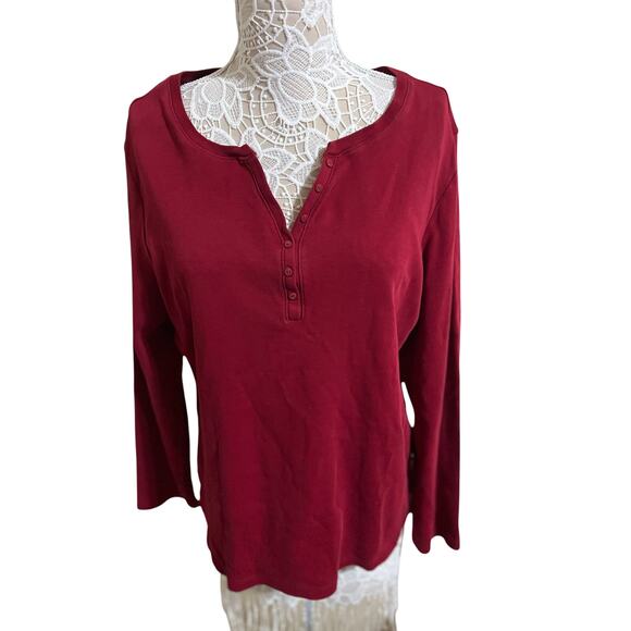 Karen Scott Deep Red Long Sleeve Henley -100% Cotton- Womens Size XL - Picture 1 of 6